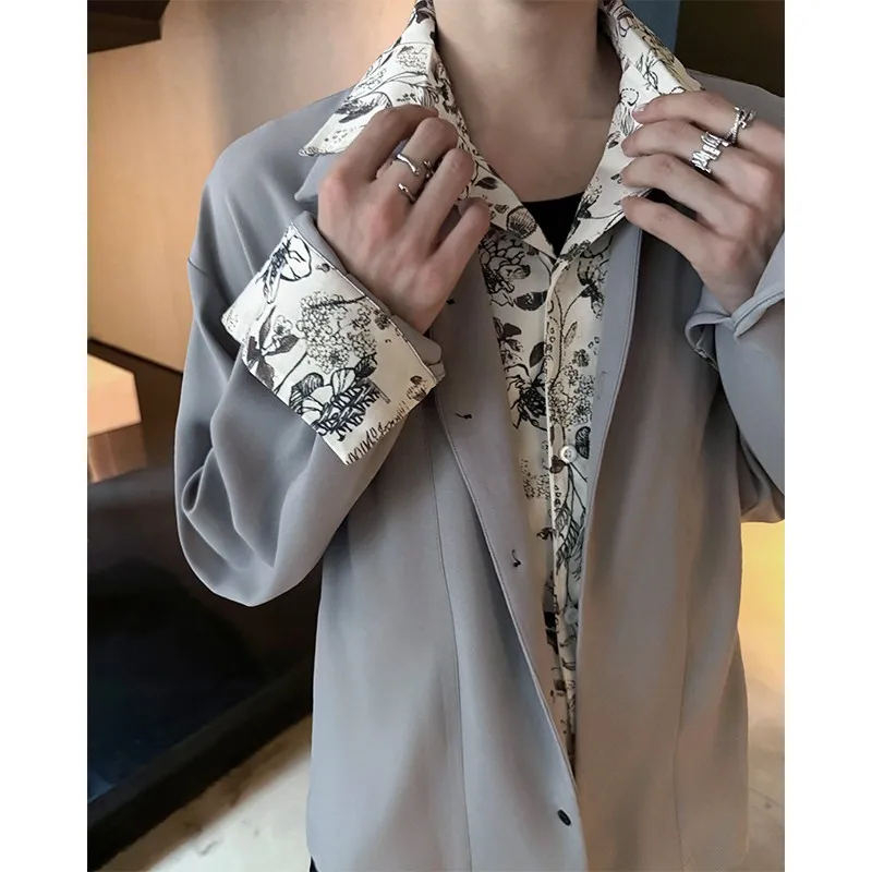 

Men's Floral Print Split Design Casual Shirt Drapey Fabric Quality Long Sleeve Button up Fashionable Youthful All Season Wear