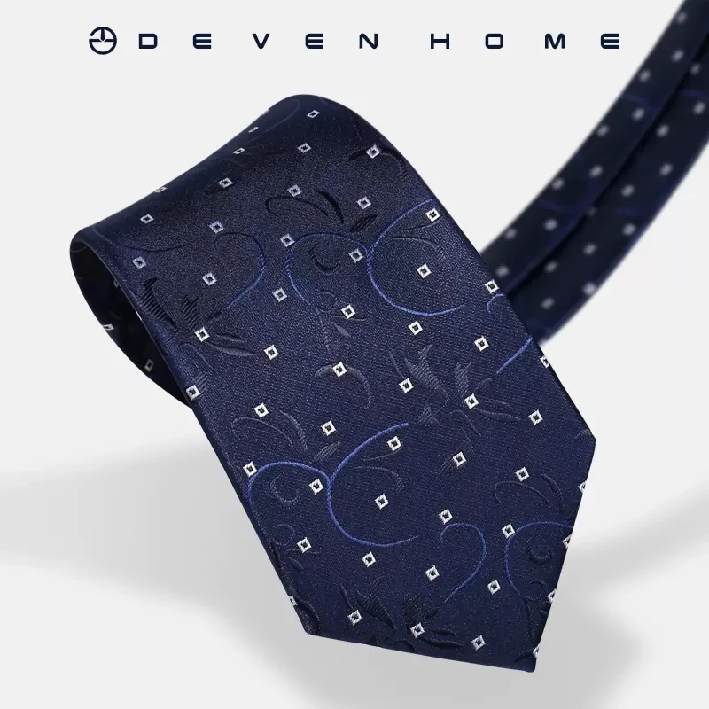 High quality 2024 Devenhome New Fashion 8CM Men's Tie Navy Blue Dark Flower Pattern Round Dot Formal Dress Business Party Tie