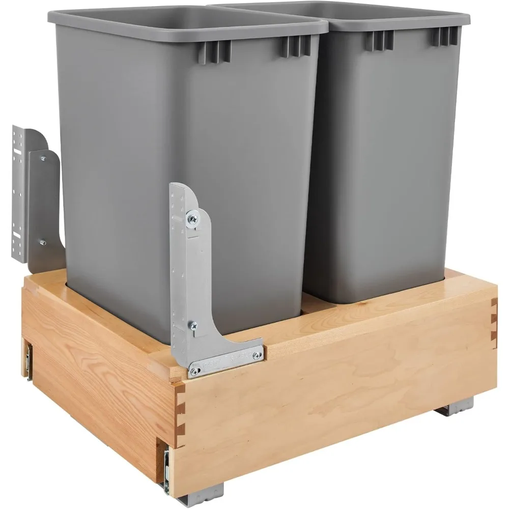 Double 50-Quart Pull Out Under Cabinet Trash Can with Soft Open & Close Slide System, Metallic Silver, Maple Wood Bottom