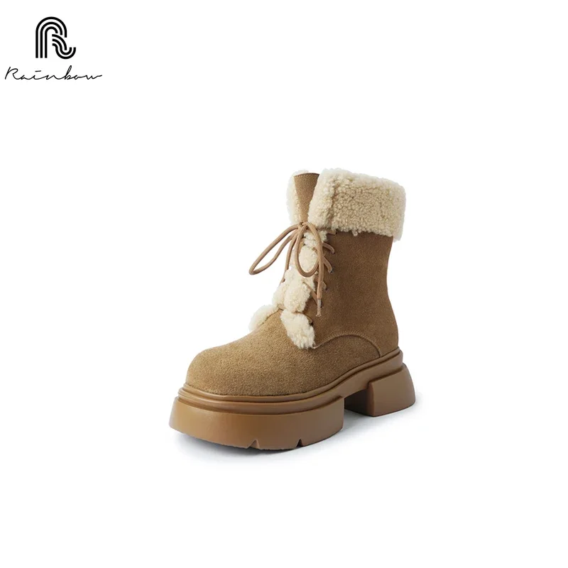 

RAINBOW 34-39 Snow Boots For Women Suede Leather Plush Fur Thick Bottom Heels Shoes Winter 2025 Platform Warm Furry Ankle Round