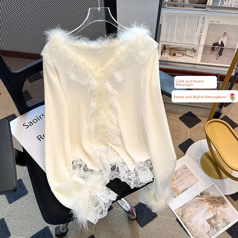 Pure Desire High Design Sense Long Sleeve Knitted Sweater Women's Autumn Winter Lace Splicing Slim Fit Top Korean Style V-neck