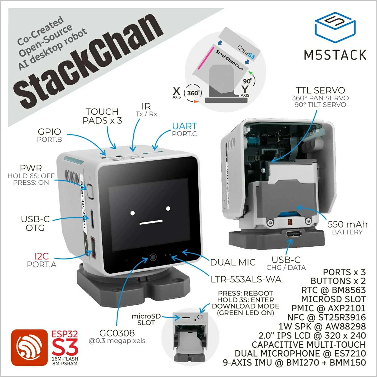 M5Stack StackChan AIデスクトップロボット CoreS3 ESP32 スマートプログラマブル音声インタラクション カワイイコンパニオン