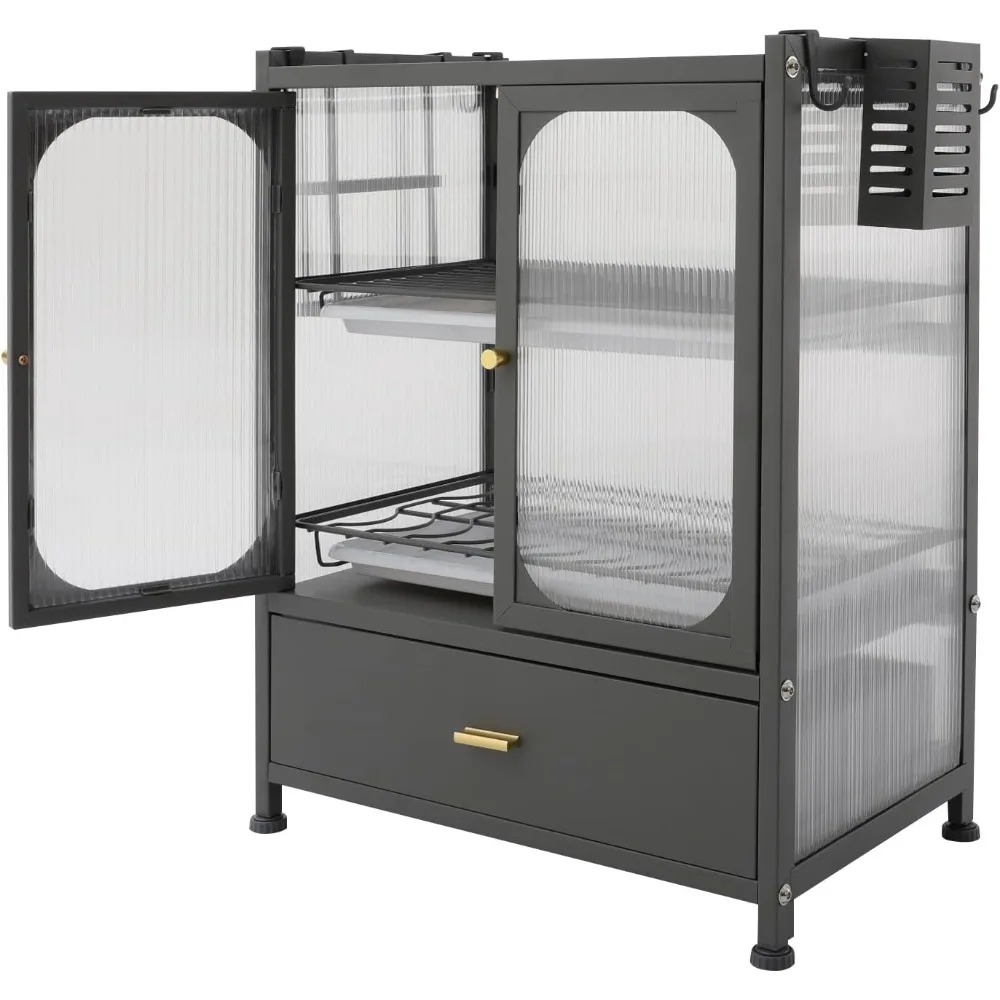 สีเทา 3 ชั้นเหล็กจานแห้งสําหรับเคาน์เตอร์ครัว,Drainer Rack เคาน์เตอร์ครัวผู้ถือภาชนะ W/ลิ้นชักจานตู้