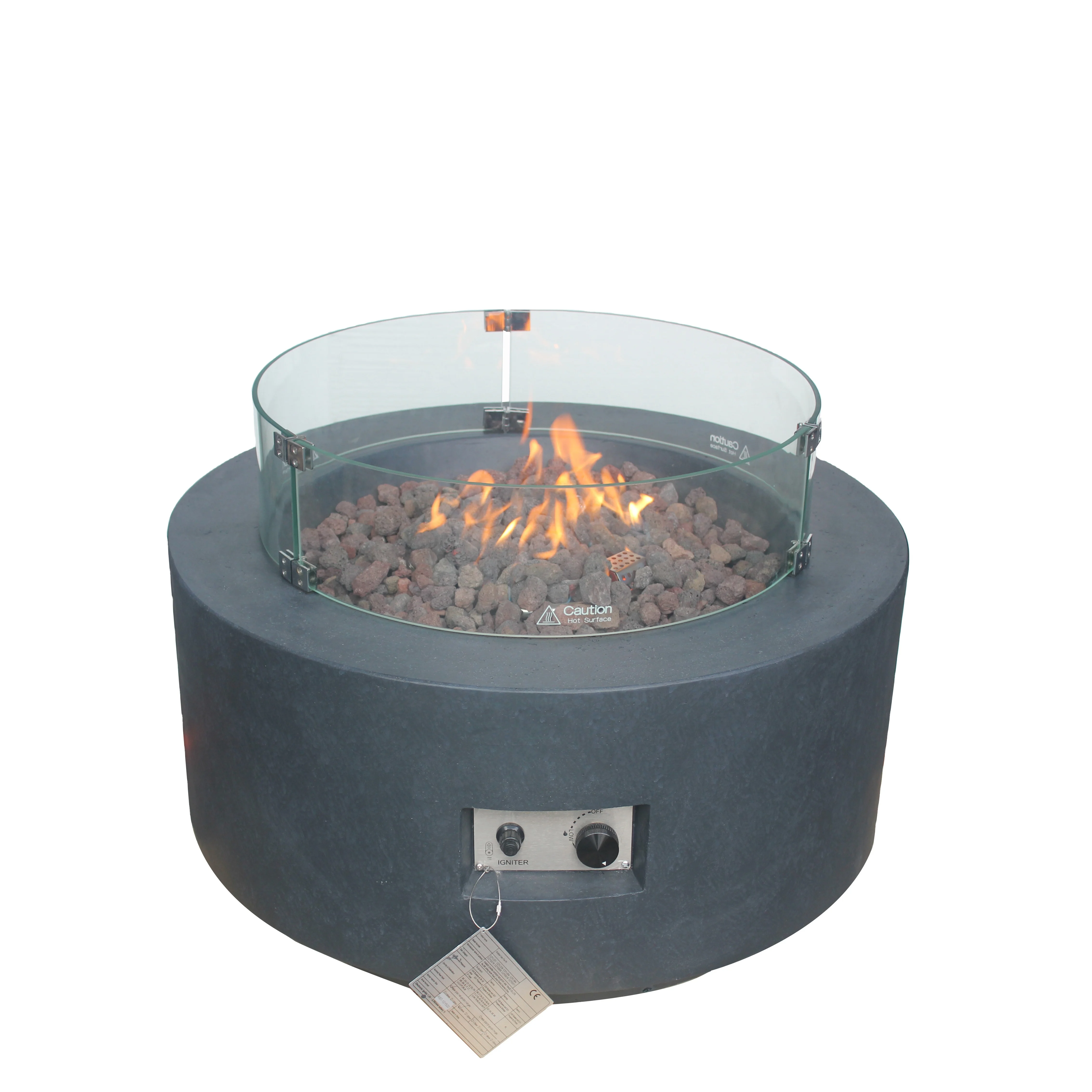 Round concrete gas firepit bowl for outdoor living