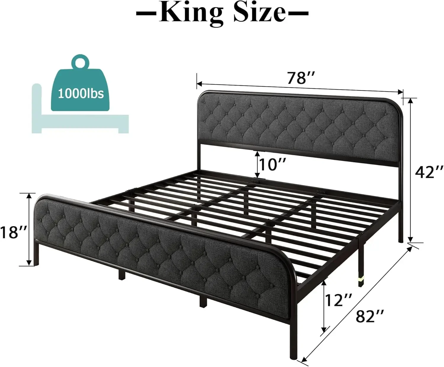 Upholstered Platform Bed Frame with Diamond Linen Headboard, Heavy Duty Metal Slats Support, Noise Free, Dark Grey