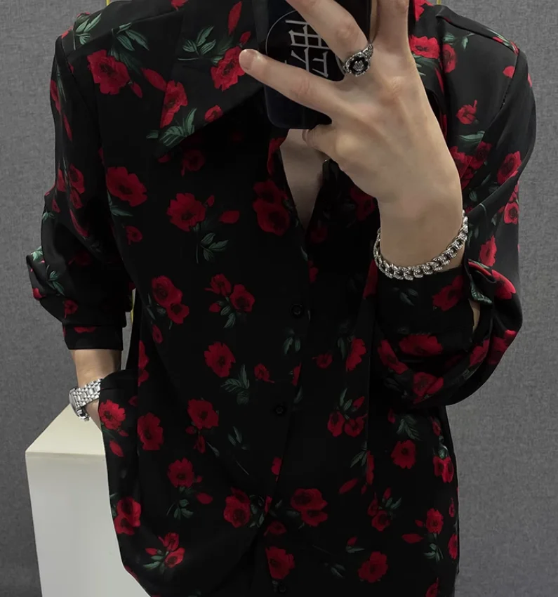 Camisas estampadas masculinas de manga comprida rosa, camisas finas e respiráveis, camisa solta e bonito, roupas masculinas da moda, moda verão, nova, 2024