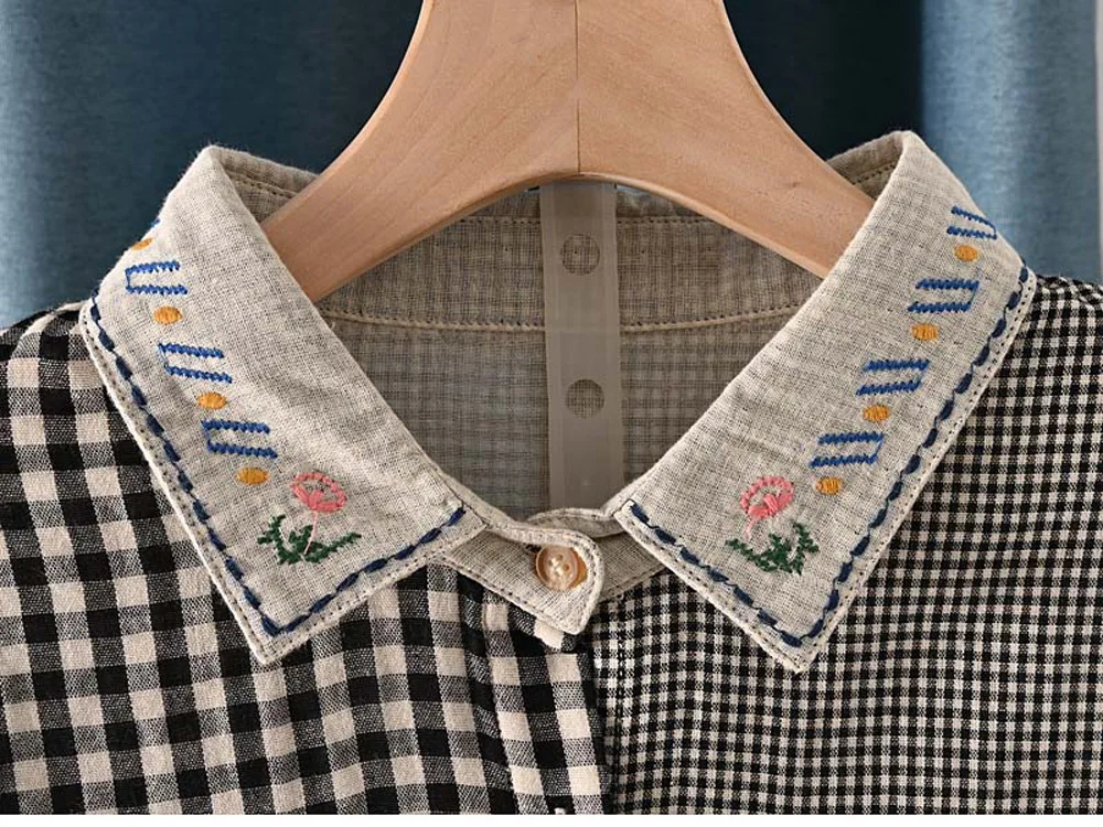 New Spring Cotton Plaid Shirt Women Lapel Long Sleeve Embroidery Commute Tops Girl Loose Versatile Blouses 2024 Autumn T45306QC