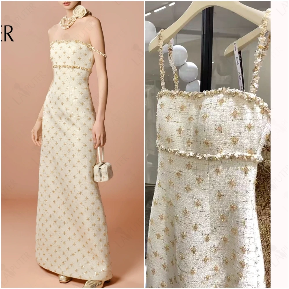 

Сетчатое шерстяное вечернее платье в стиле ампир на тонких бретельках, платье для выпускного вечера с жемчугом и бисером, шерстяное бежевое твидовое вечернее платье