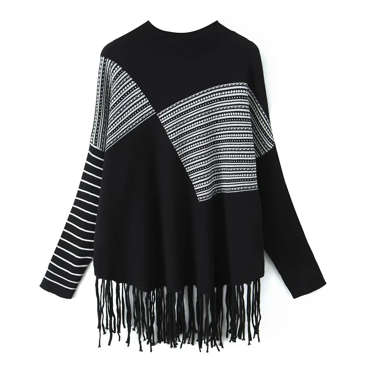 JNLEAOG Spring New Women's Faion Design Slant Stripe Embroidery Tassel Sweater Crew Ne Long Sve Regular Fit Linen Blend