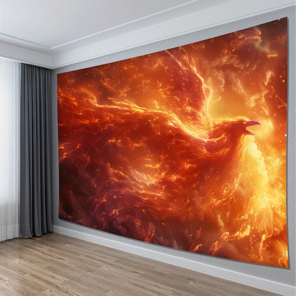 Flame Phoenix Galaxy Tapestry Wall Hanging, Mythical Bird Cosmic Fantasy Print for Dorm Room Aesthetic Background Wall Decor