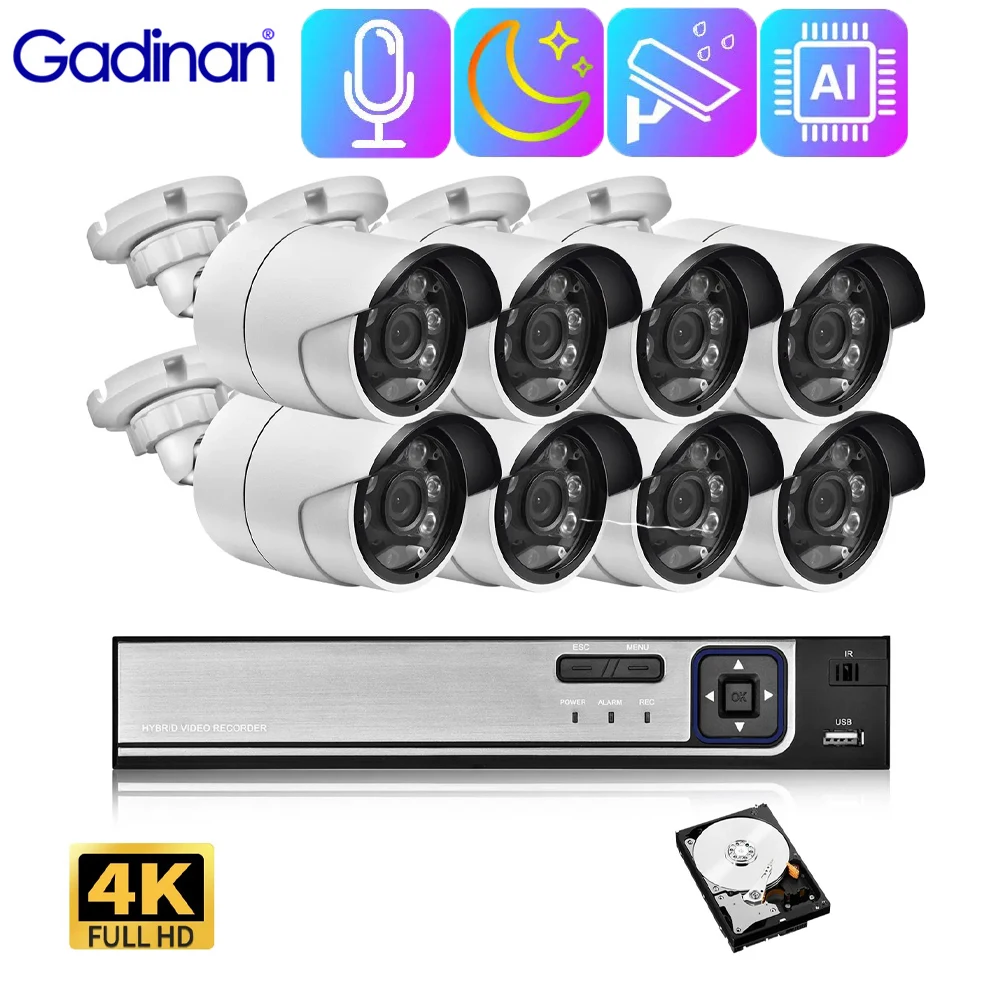 

Gadinan HD 4K 8CH 8MP NVR POE Camera System Kit White Light Source Outdoor Vidio Surveillance Security Protection CCTV Cameras