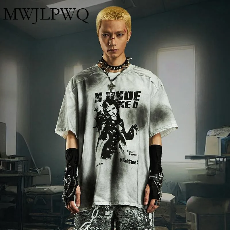 

MWJLPWQ Character Print Graffiti Short Sleeve T-Shirt Men Hip-Hop Retro Tie Dye Streetwear Round Collar Loose Casual Top 010929