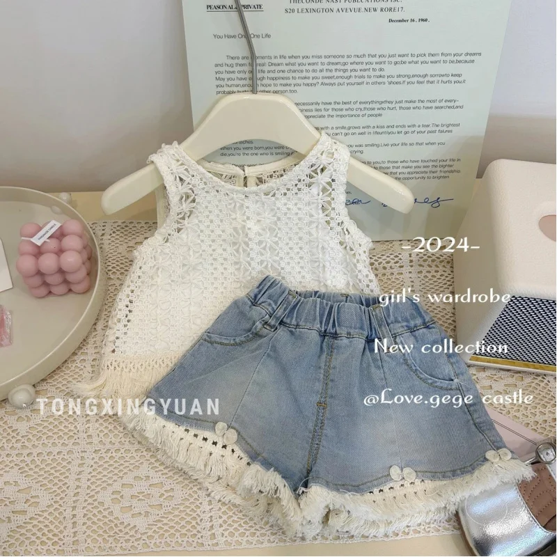 

Children's Clothing New Summer Girls' Hollow Vest Top Children's Western Style Denim Shorts Two-Piece Set