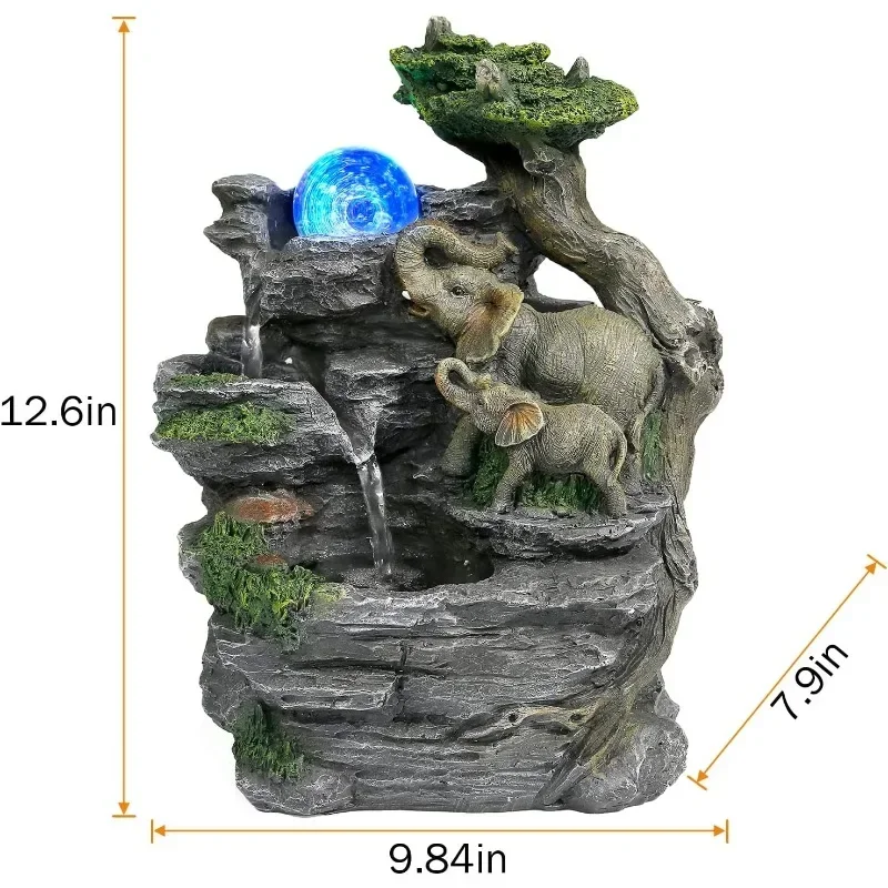 Tabletop Fountain,Relaxation Water Feature Feng Shui Indoor Fountain of Elephant Sculpture with Colorful Spinning Ball for Home