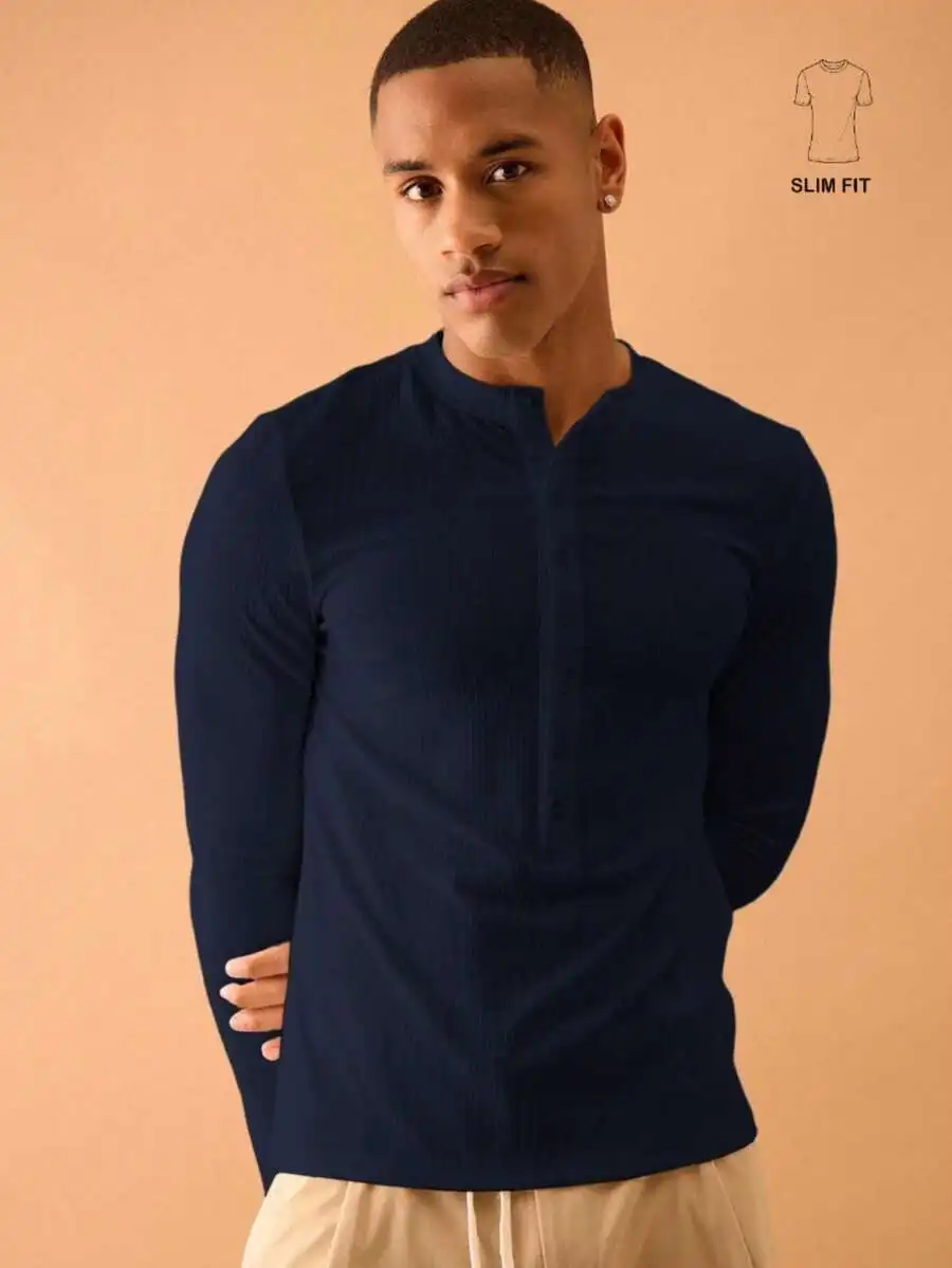 

Men Long Sleeve Ribbed Henley Shirt Casual Street Style Spring Summer