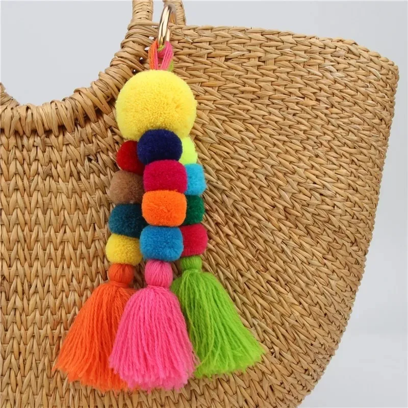 1pc  Bohemian Accessories Handmade Keychain Beads Chain Pompom Hand Bag Hanging Key Chains For New Year Gift