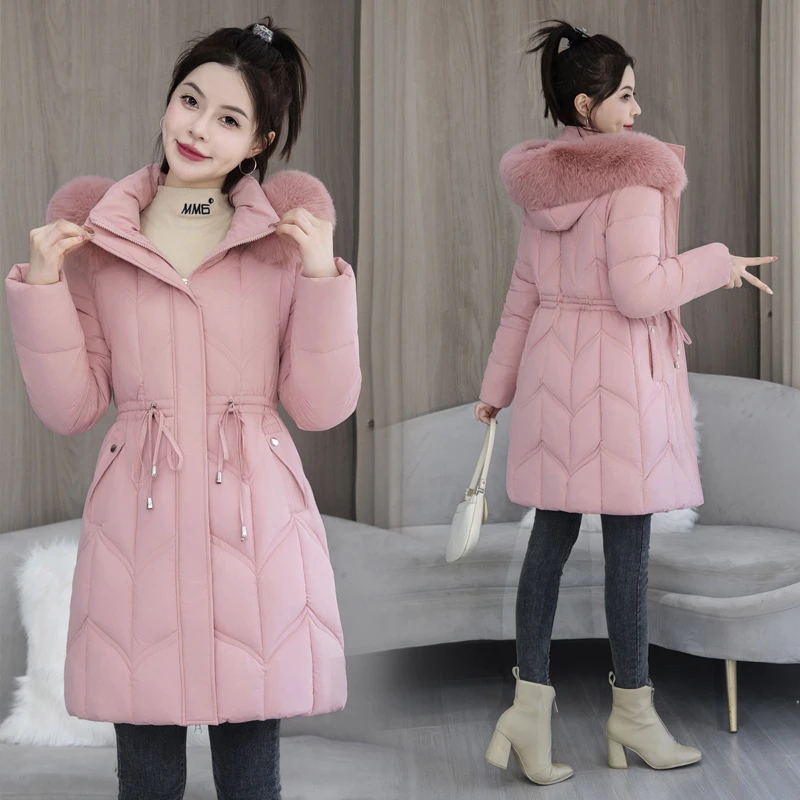 2024 Women\'s Down Parkas Winter Jacket Big Fur Collar Thick Slim Coat Fashion Hooded Cotton Outerwear Long Winter Woman Coat