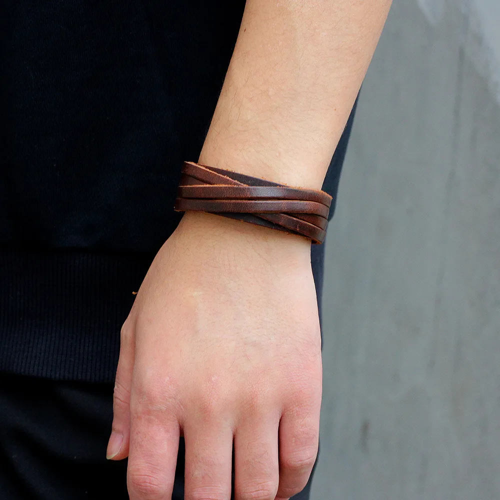 Kirykle Male Cow Leather Bracelets Biker Jewelry Men\'s Bracelet Retro Wristband Bangles Man Jewelry Alloy Buckle Adjustable