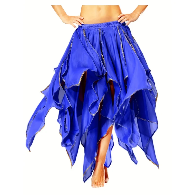 One Piece Dance Dress, Flowy Fashionable Sequin Golden Trim Chiffon Solid Color 16-Panel Layered Ruffled Skirt, Belly Dance