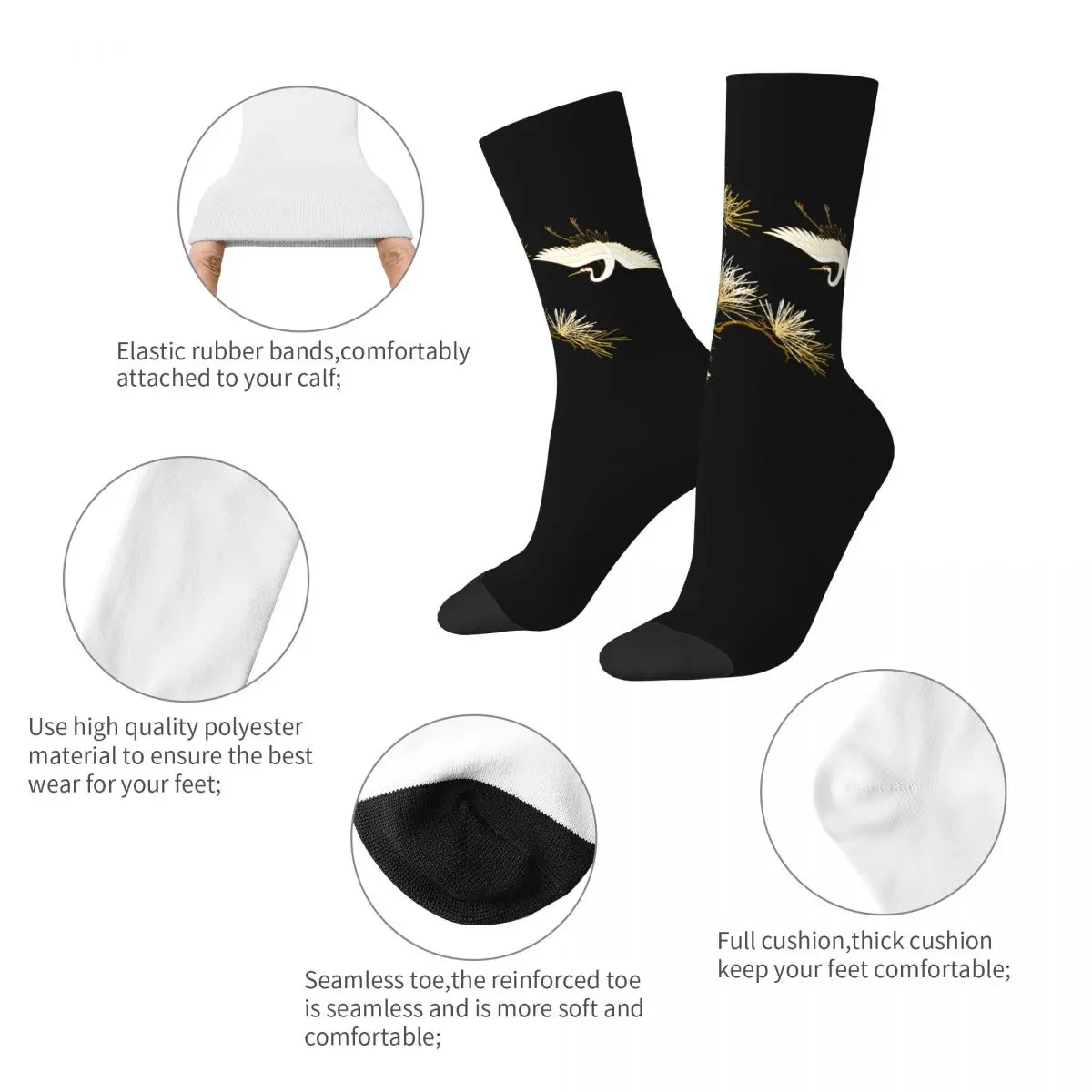 Japanese Cranes Black Gold White Birds Socks Men Women Casual Socks Harajuku Spring Summer Autumn Winter Middle Tube Socks Gift