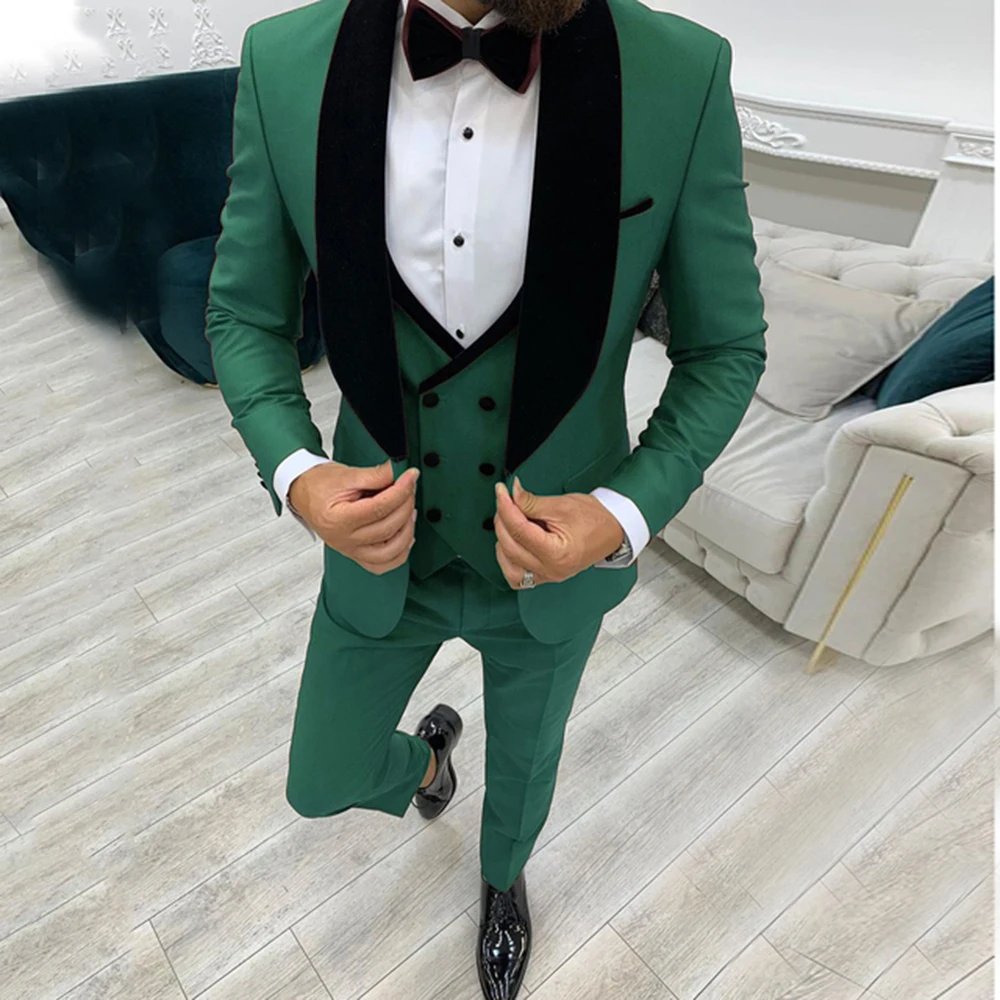 2022 Fashion Business Men Suit 3 Pieces Male Dress Custom Groom Wedding Suit Tuxedo Black Velvet Lapel Blazer Vest Pants