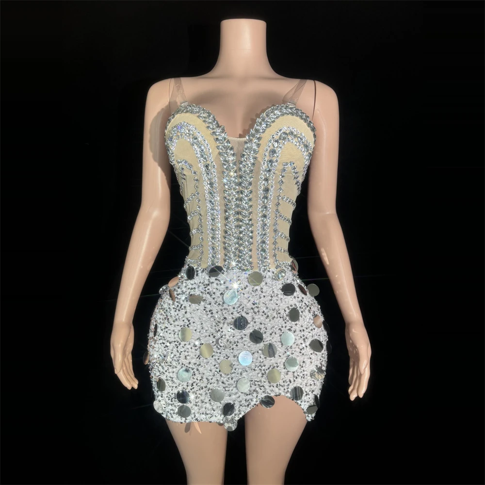 

Sexy Sparkly Rhinestones sequin Mirrors Short Dress for Women Party Celebrate Birthday Dress Performance Costume Show Stage Wear