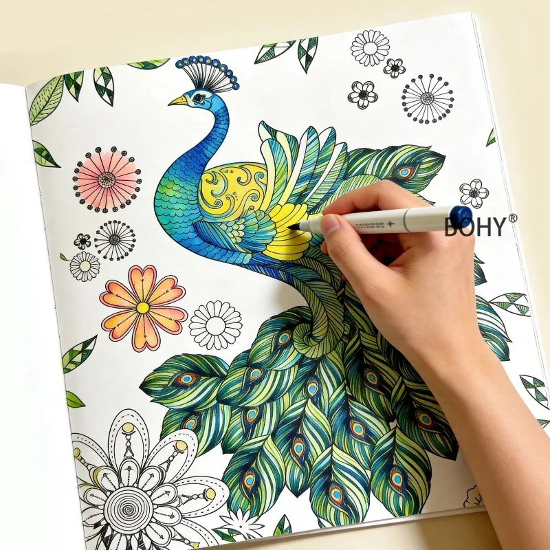 A Coloring Drawing Book for Adult, Featuring Peacock/ Tits/roosters/cows/healing Mandala Flowers and Other Line Drawing Patterns