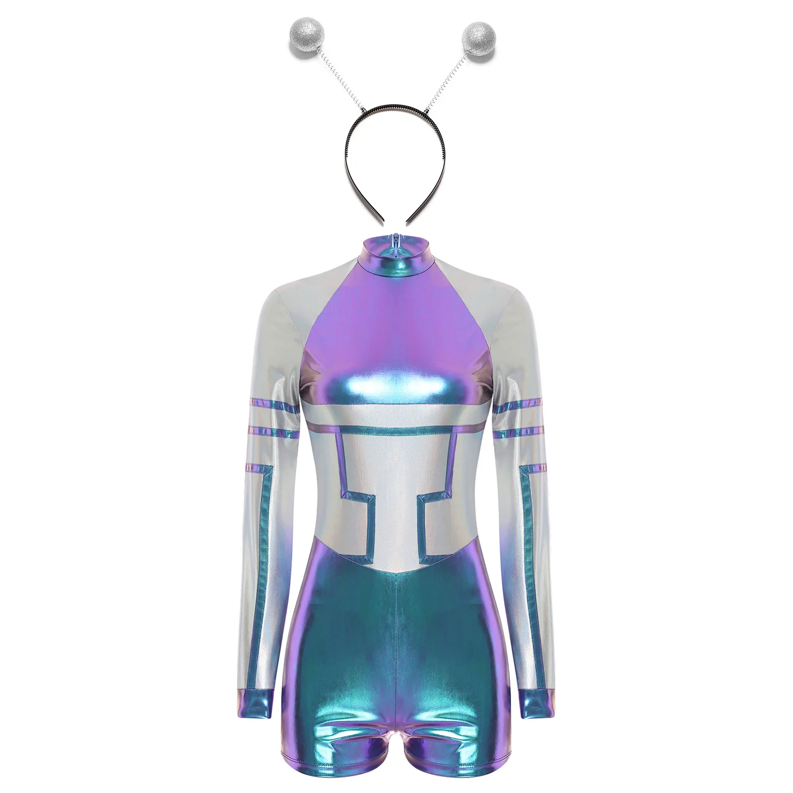 Women Halloween Alien Costume Carnival Party Fancy Dress Shiny Color Block Robot Astronaut Jumpsuit Outer Space Metallic Rompers