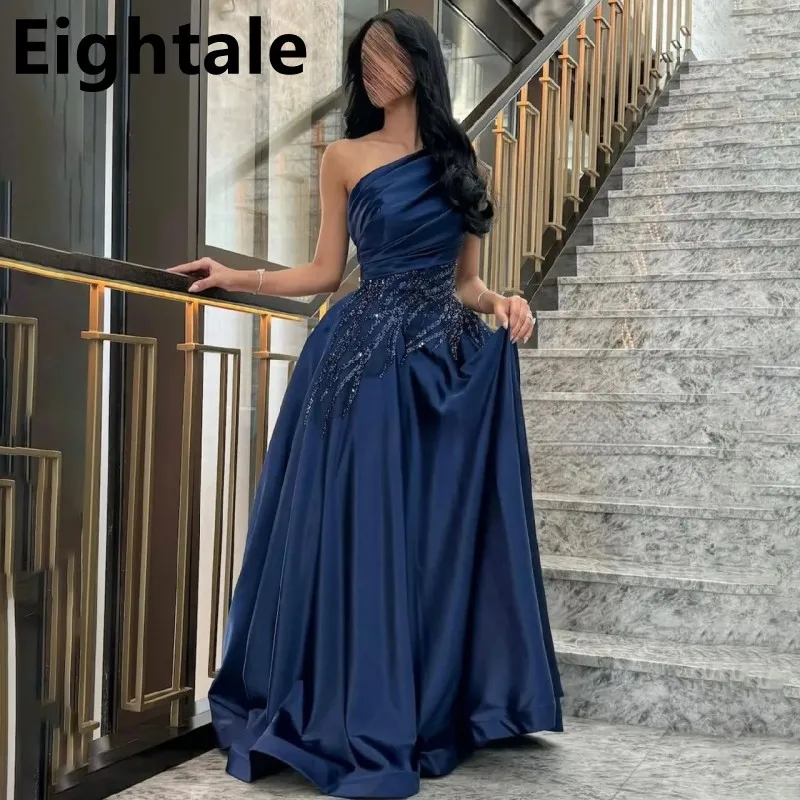 Eightale 2025 A Line Navy Blue Satin Prom Dress One Shoulder Evening Dress Sequins Women Formal Party Gown Customized