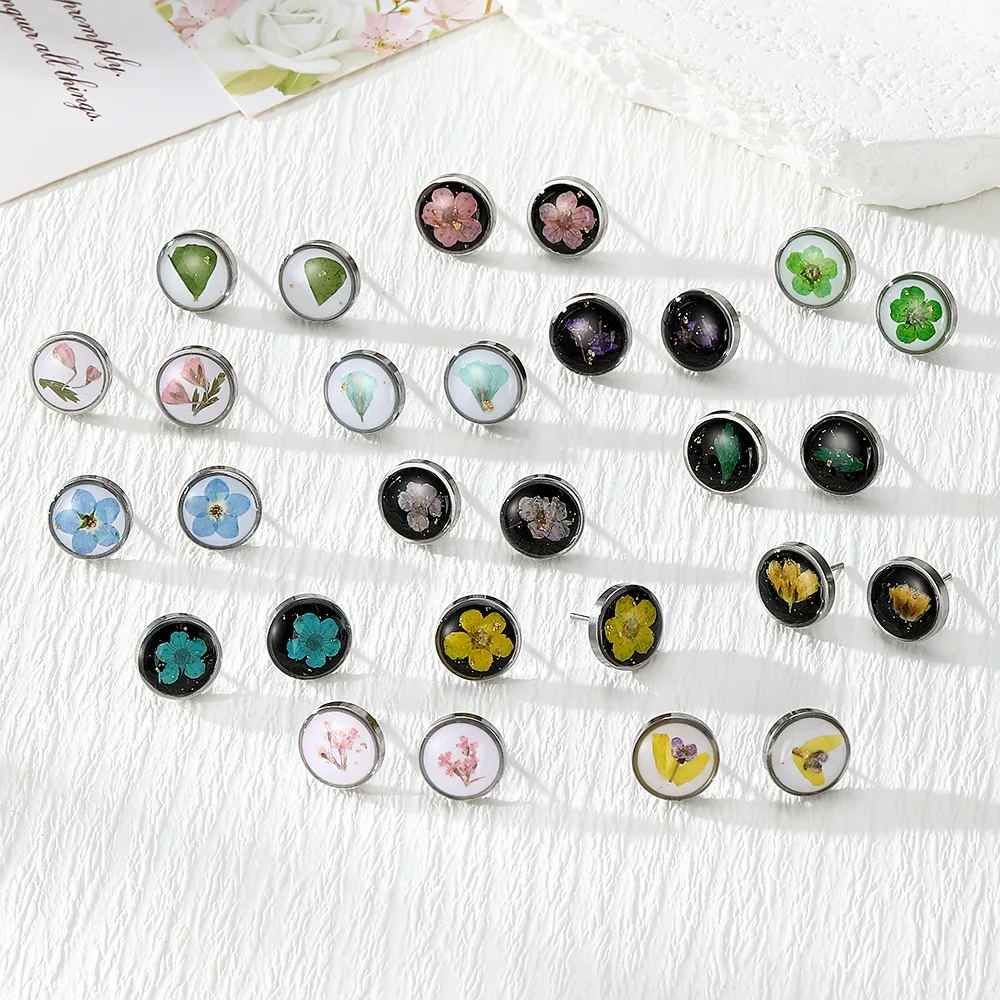 Stainless Steel Eternal Flower Round Stud Earrings For Women Steel Color Dried Flower Jewelry Wedding Birthday Gifts New In