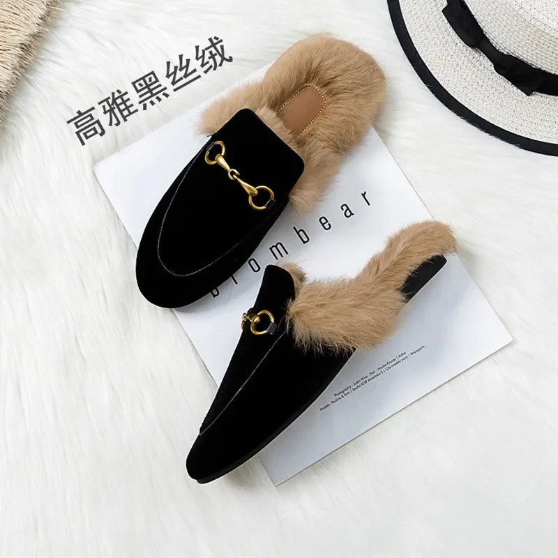 Baotou Horse Buckle Outside To Wear Rabbit Hair Flat Bottom Plus Cashmere Warm Fashion All Comfortable Non-slip Female Slippers