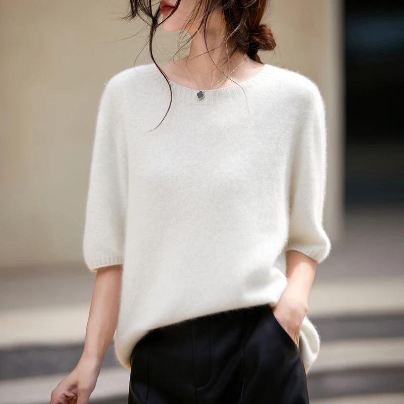 

5% Cashmere And 95% Merino Wool Sweaters For Women Seamless Round Neck Pullover Short Sleeves Autumn Winter New Knitted T-Shirt