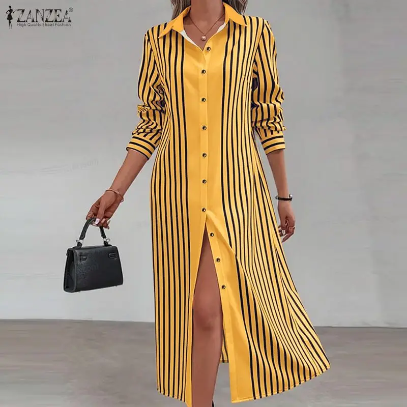 Damen Hemdkleid mit Umlegekragen, Elegante Kontraststreifen, Lange Ärmel, Knopfleiste, ZANZEA 2026 Frühjahrskollektion