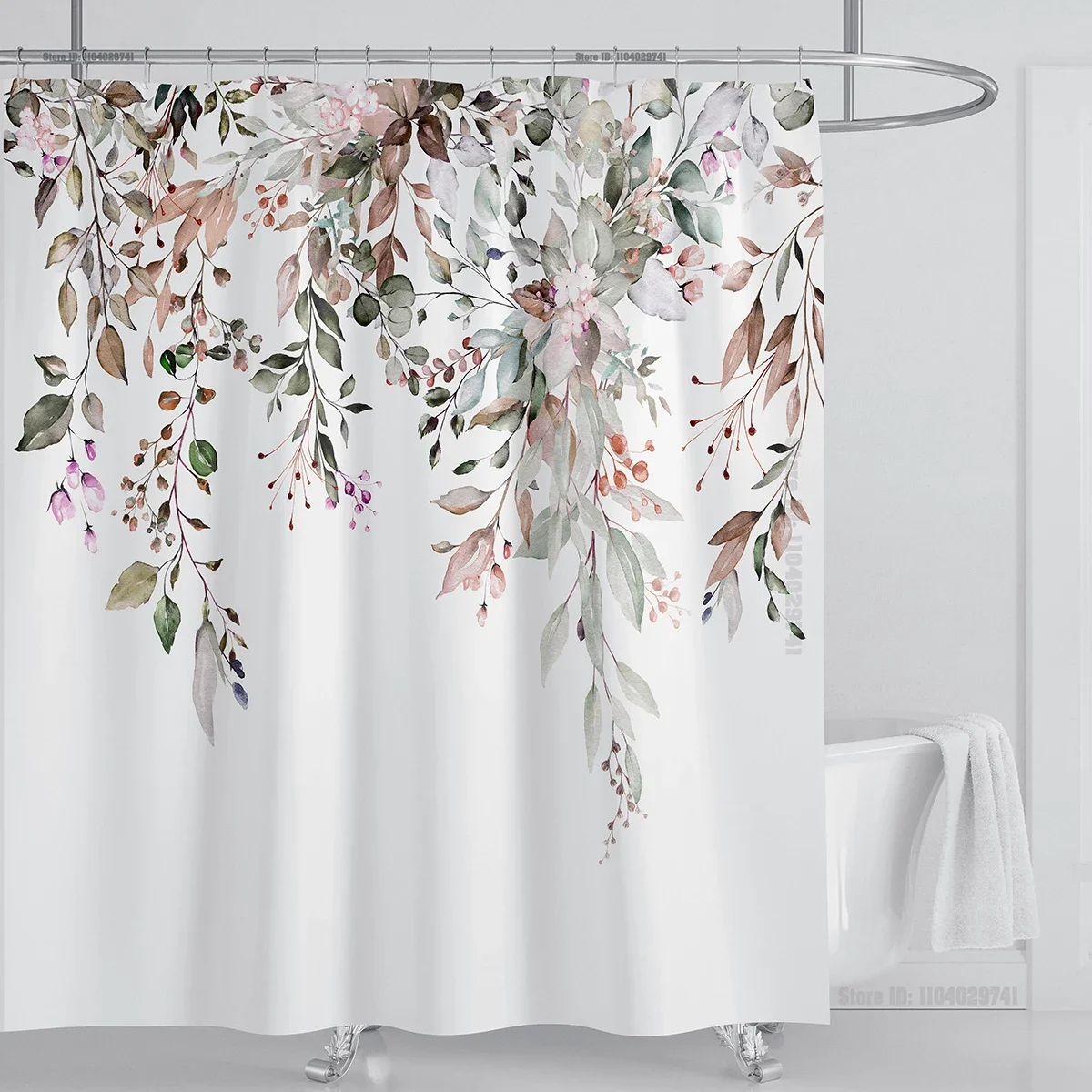 

Emerald Green Eucalyptus Shower Curtain Fabric, Watercolor Plant Leaves with Floral Bathroom Shower Curtain Set with Hooks