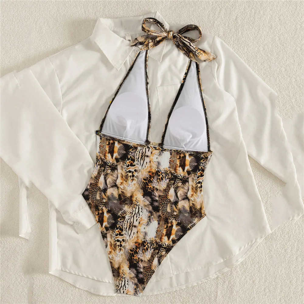 Brown Leopard Print Halter Backless Swimwear Woman One Piece Sexy Swimsuit 2026 Hollow Out Monokini Bathing Swimming Suit Wear