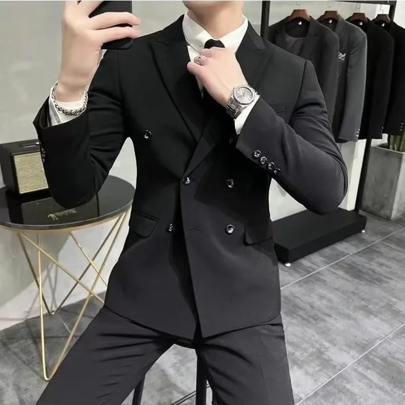 2 Piece Outfit Set Man Casual Blazer Business Full Suit for Men Double Breasted New In Elegant Clothing Gentleman Classic Luxury