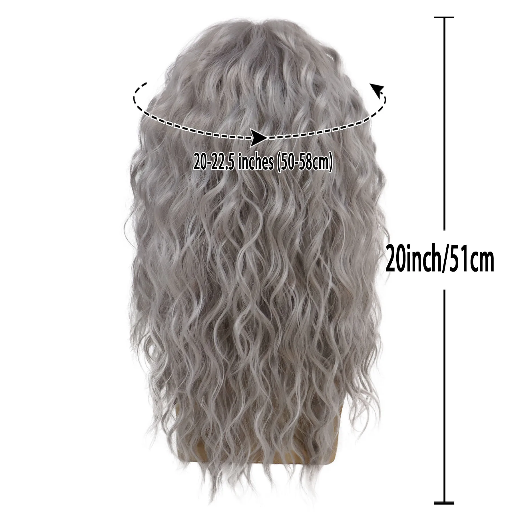 グレーの前髪付き合成ロングウェーブヘア80年代風ウィッグ男性用パンクヘアスタイルヴィンテージグレーカラーハロウィンコスチューム