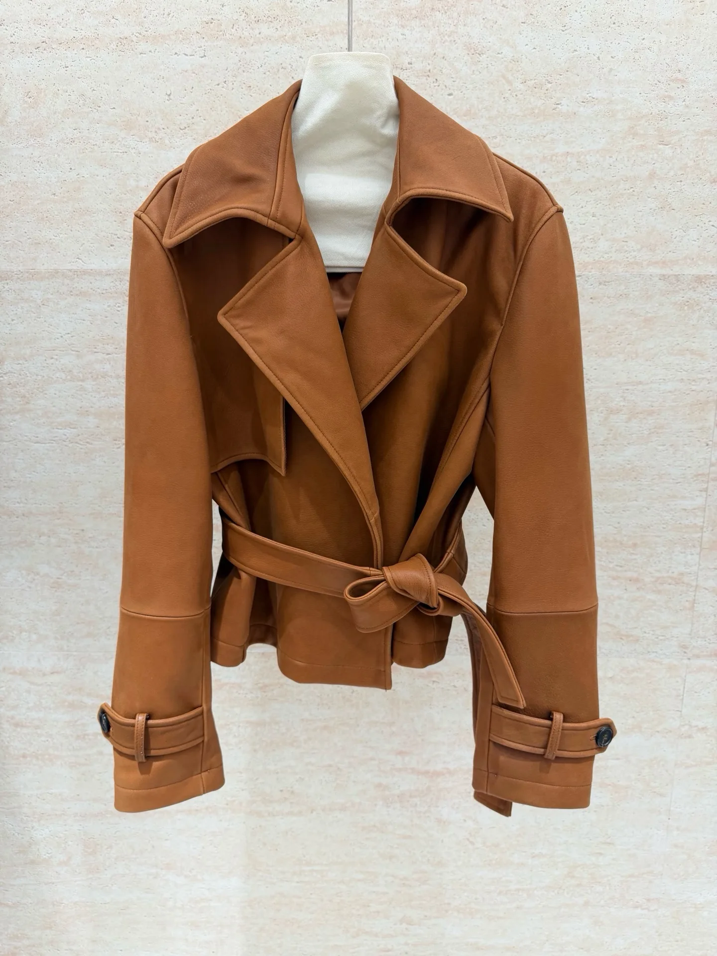 Notched Lapel Cropped Faux Leather Short Jacket with Cuff Strap for Women