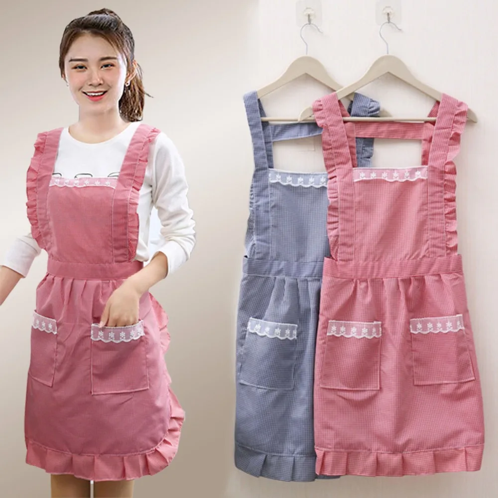 Trendy Korean Style Cooking Apron Double Layer Large Pockets Lace Aprons Cute Polyester Painting Apron for Female Mother