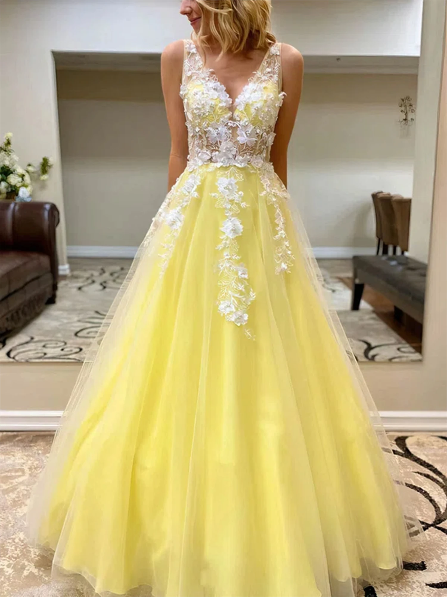 Aileen V-ling Decal Long Dresses for Wedding Party Dress Women Elegant Luxury Mesh Line A Prom Dresses 2023 Luxury Gown Evening