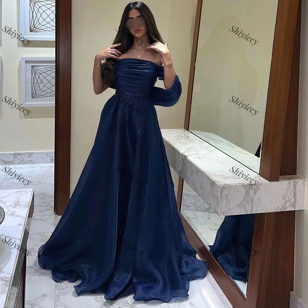 Elegant Navy Blue Off the Shoulder Evening Dress Organza Pleats A-Line Formal Party Gowns Floor Length Sweep Train Prom Dresses