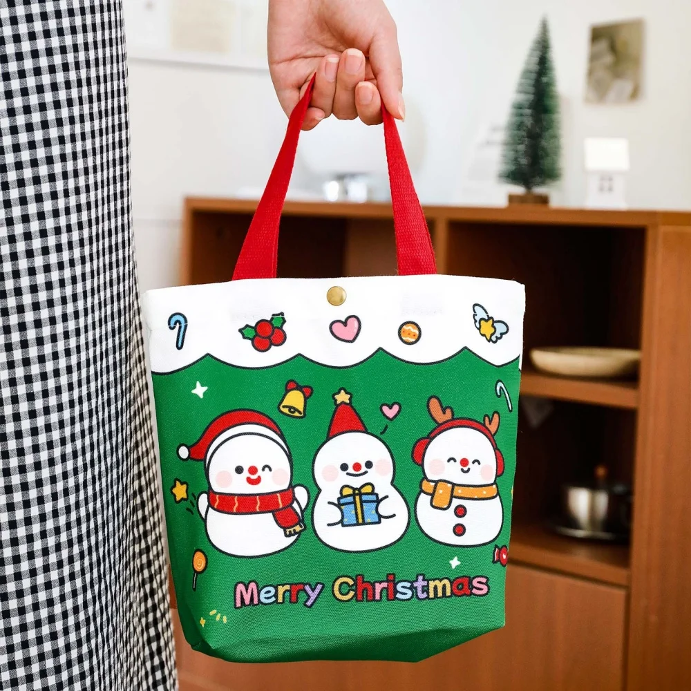 Cute Christmas Gift Bags Cartoon Santa Claus Elk Tote Canvas Bag Christmas Eve Apples Gift Shopping Bag New Year Xmas Handbag