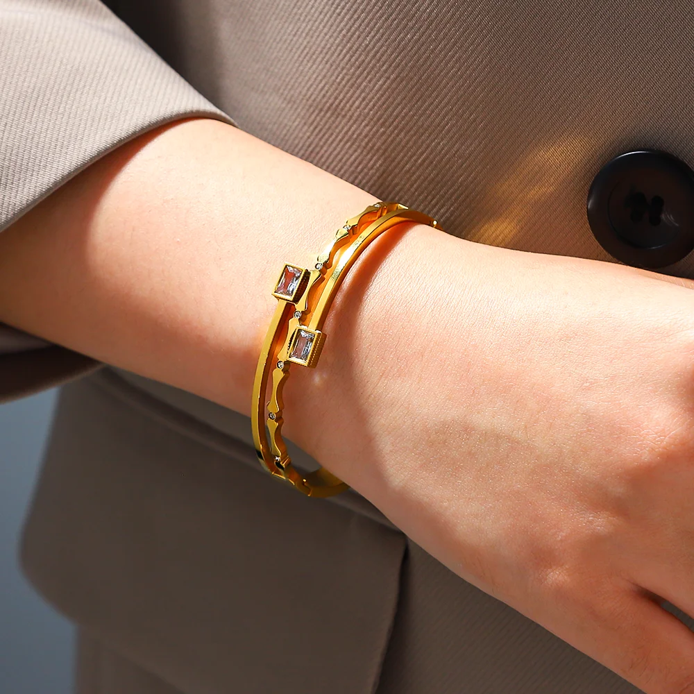 

1PC Fashion Stainless Steel Cuff Bracelet Bangle, Gold Color Geometric Zircon Series, Exquisite Jewelry Accessories Gift