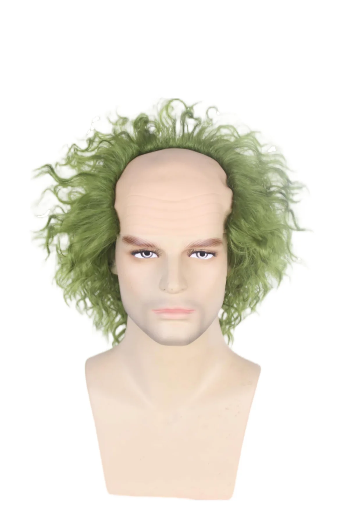 緑色のウィッグ、ハゲ頭用キャップ付き、短い巻き毛のアフロウィッグ、緑色のオンブレウェーブウィッグ、パーティー、コスプレ、コスチュームウィッグ、ハロウィン、男性用、女性用