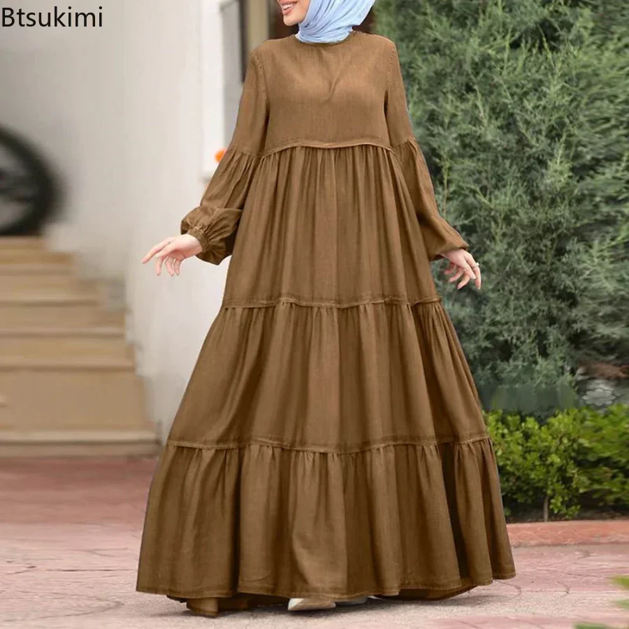 New 2024 Women\'s Casual Sun Dress Fashion Loose Muslim Dress Abaya Long Sleeve Islam Clothing Abayas Women Dubai Robe Oversized