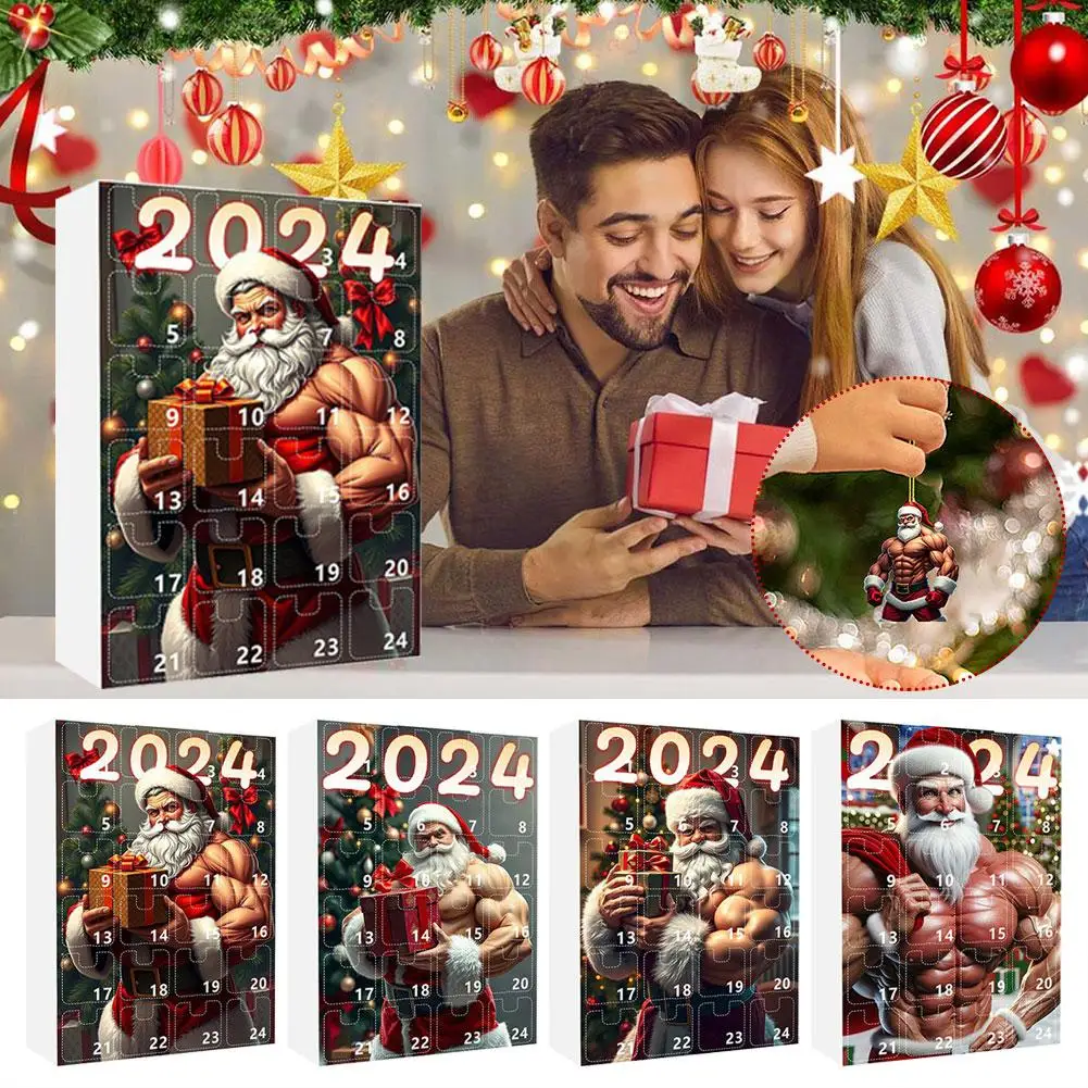 سانتا كلوز مع تقويم القدوم العضلي القوي 2024 زينة عيد الميلاد صندوق هدايا قلادة صغيرة لعبة مضحكة الشكل للأطفال G7C2
