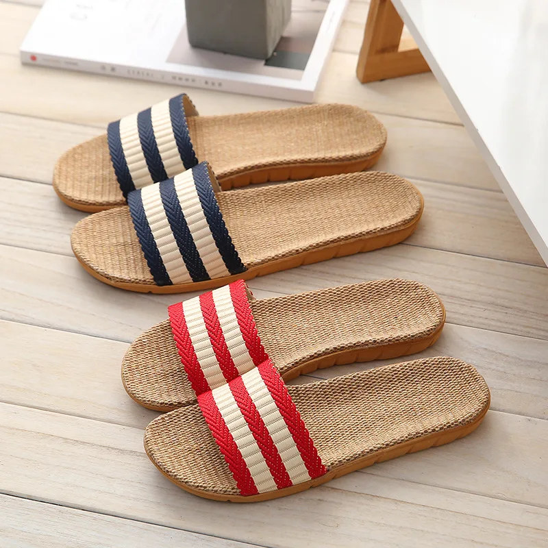 Summer home couple linen slippers with striped fashion, anti slip comfort, indoor EVA breathable slippers