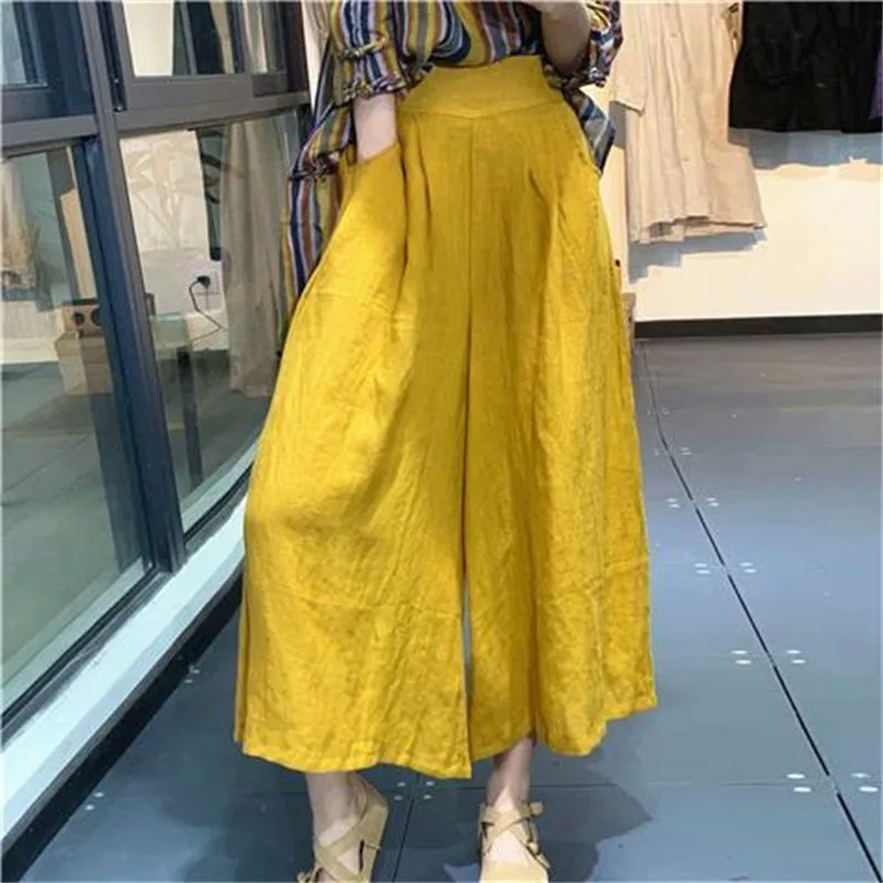 

Artist Summer Wide Legs Pants Women Loose Soft Cotton Linen Pants Elastic Waist Ankle Length Palazzo Trousers