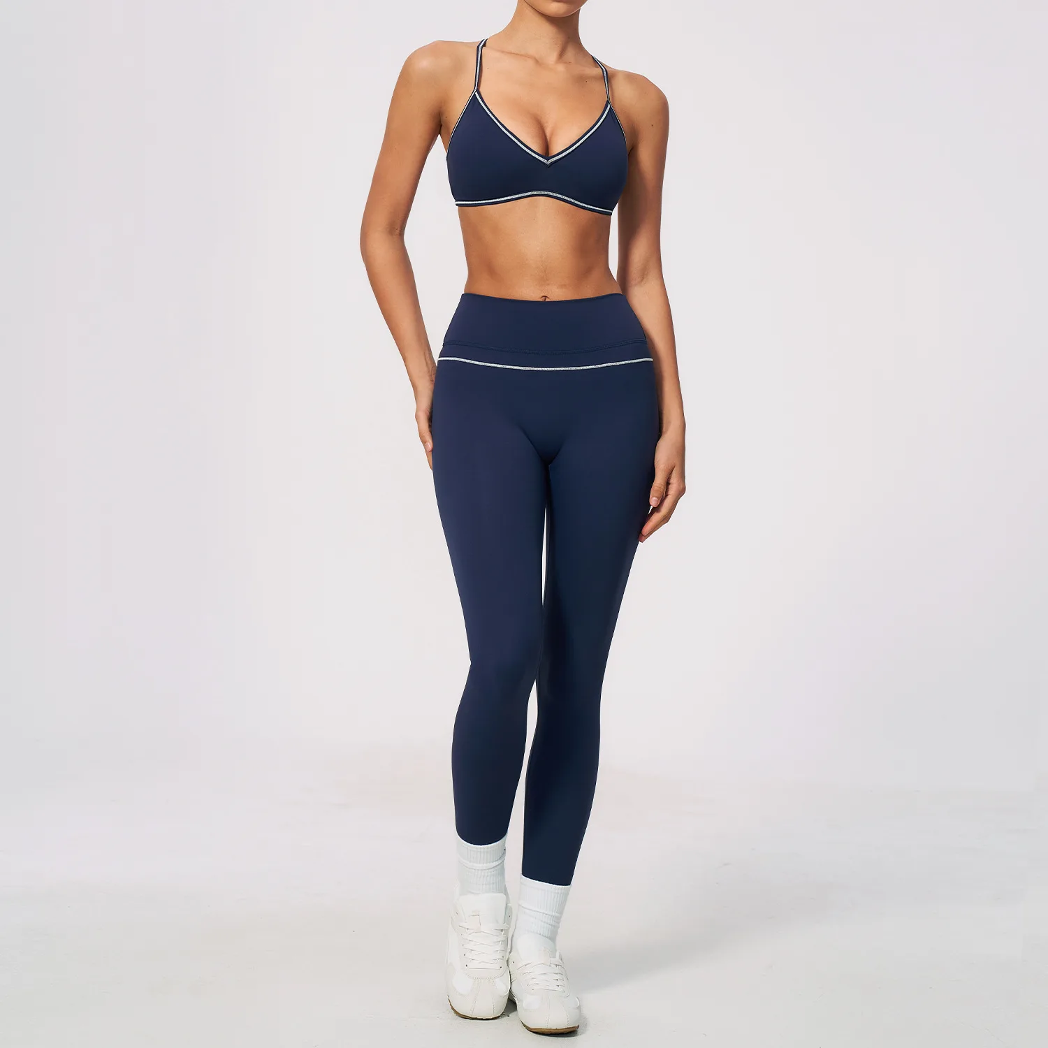 Women 2PCS Yoga Set Y Back Contrast Piping Sports Bra Breathable High Waist Yoga Shorts Capri Leggings Gym Workout Pilates Suit
