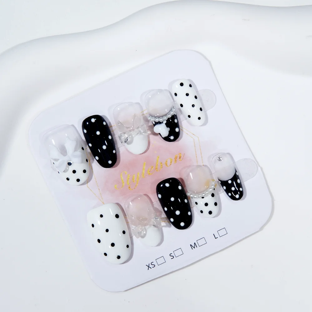 10Pcs Handmade Press on Nail Almond French Polka Dot Bow Full Coverage Nail Tips for Women&Girl Detachable Wearable Nail Art